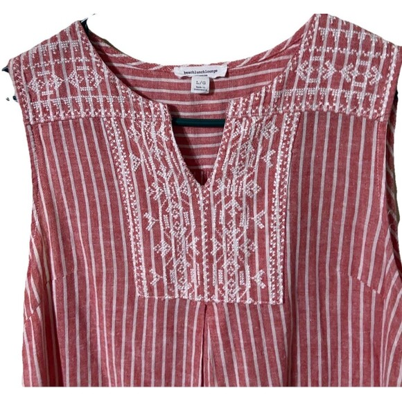 Beach Lunch Lounge Linen Cotton  Blouse Red with White Stripes Embroidered NeckL - Picture 2 of 6